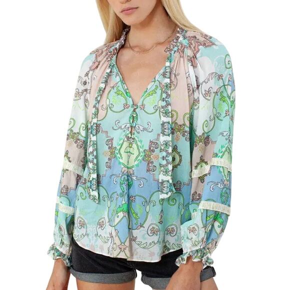Hale Bob Blouse Small Oversized Ethereal Print Long Balloon Sleeve Feminine NEW - Picture 1 of 15